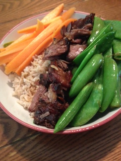 Rice bowl with Slow Cooker Short Ribs, Pickled Carrots and Snap Peas
