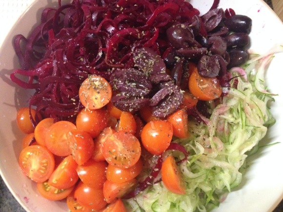 Spiralized salad, before mixing.